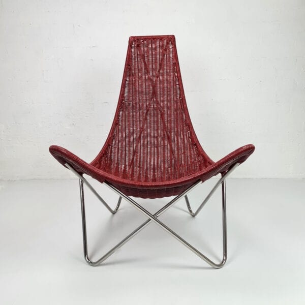 Knud Vinther Batchair in red rattan with polished stainless steel frame