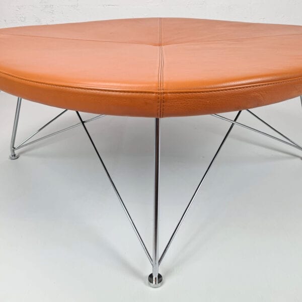 Danish contemporary pouf ottoman in orange leather and chromed steel frame