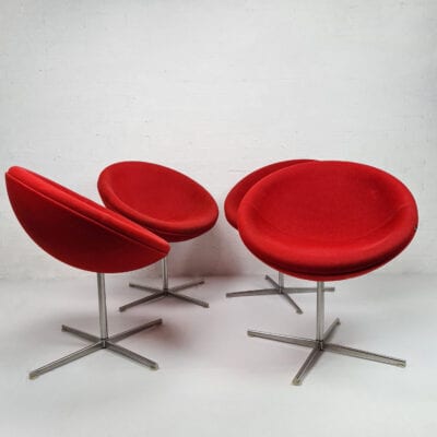Mid-century Modern lounge chairs upholstered in red wool. Designed by Verner Panton